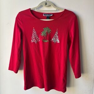 Karen Scott Red Holiday Christmas Palm Trees Embellished 3/4 Sleeve Top Size PM